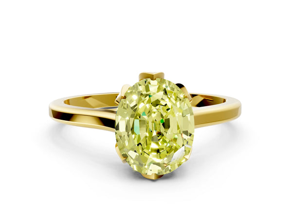 Yellow gold Fancy Yellow Oval Cut Diamond Solitaire Ring with Flower Prong Setting and Classic Band