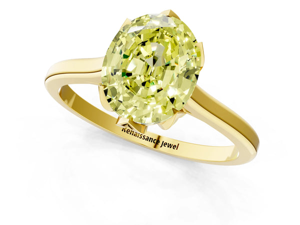 Yellow gold Fancy Yellow Oval Cut Diamond Solitaire Ring with Flower Prong Setting and Classic Band