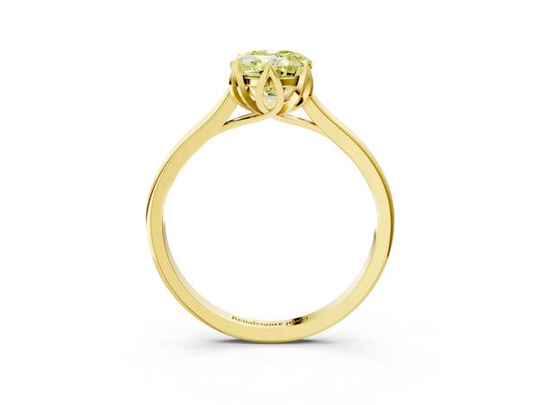 Yellow gold Fancy Yellow Oval Cut Diamond Solitaire Ring with Flower Prong Setting and Classic Band