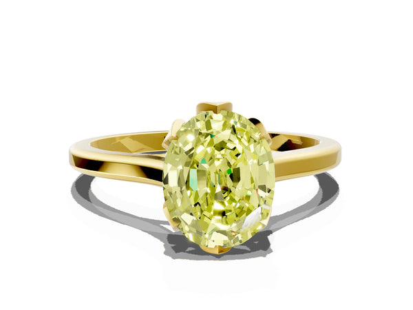 Yellow gold Fancy Yellow Oval Cut Diamond Solitaire Ring with Flower Prong Setting and Classic Band