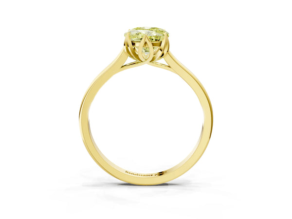 Yellow gold Fancy Yellow Oval Cut Diamond Solitaire Ring with Flower Prong Setting and Classic Band