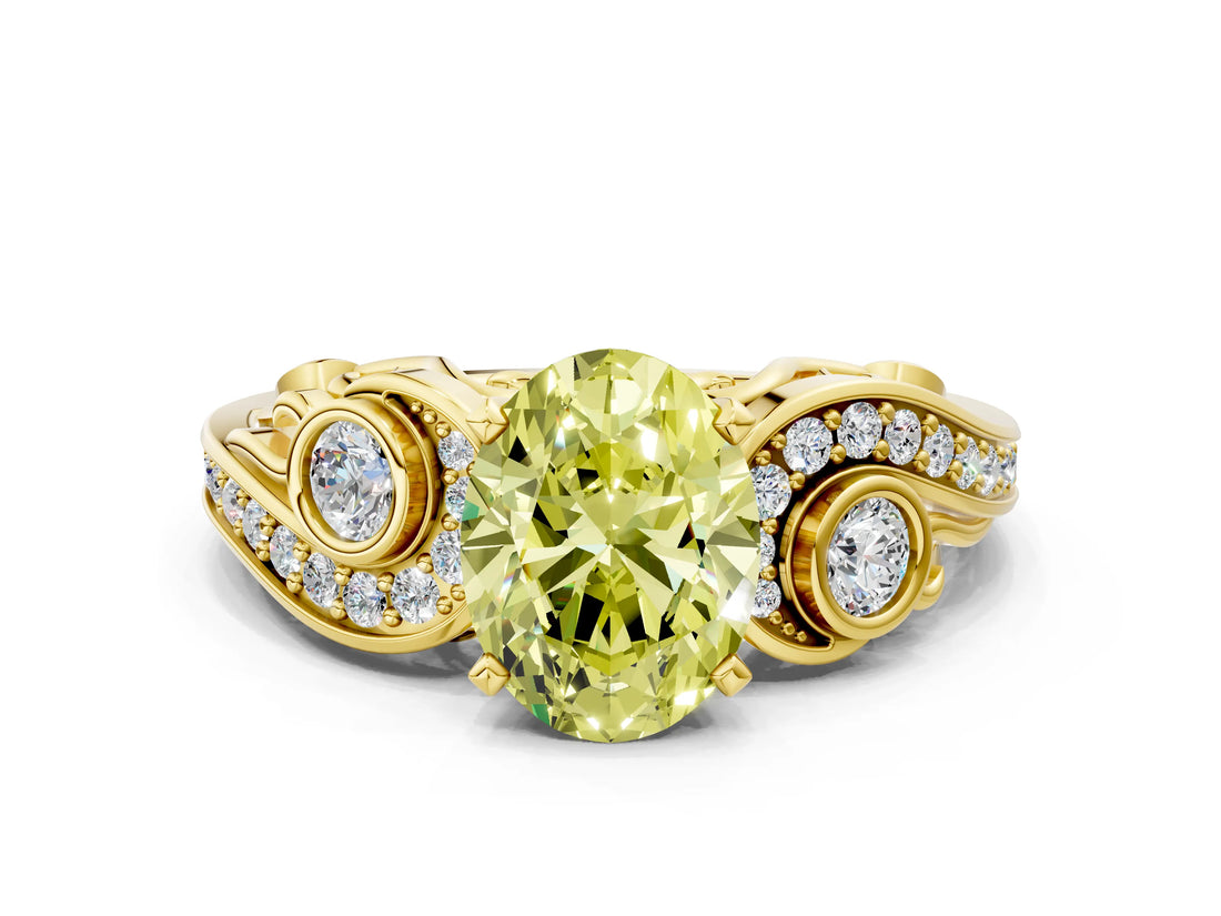 Yellow gold Fancy Yellow Oval Cut Diamond Solitaire Ring with Milgrain Pavé Band and Four-Prong Setting_165