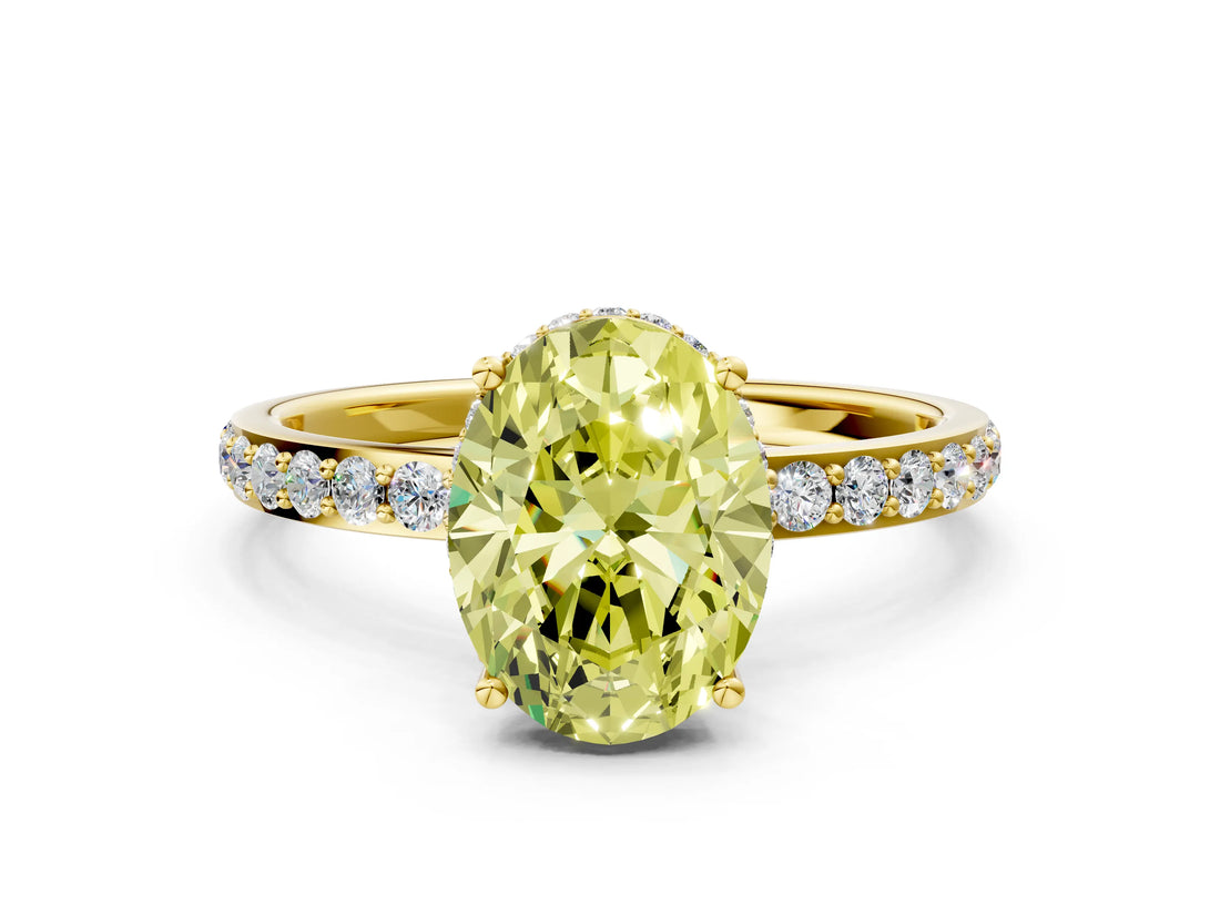 Yellow gold Fancy Yellow Oval Cut Diamond Solitaire Ring with Pavé Band and Hidden Halo_18