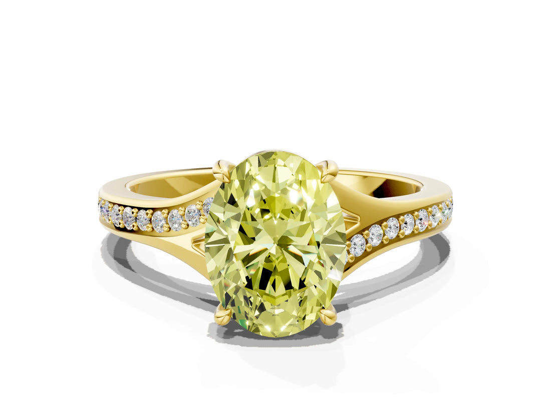 Yellow gold Fancy Yellow Oval Cut Diamond Solitaire Ring with Pavé Band and Prong Setting_12
