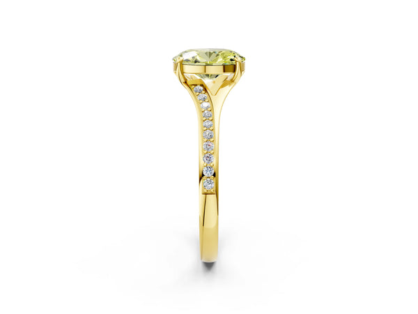 Yellow gold Fancy Yellow Oval Cut Diamond Solitaire Ring with Pavé Band and Prong Setting
