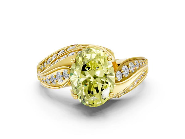 Yellow gold Fancy Yellow Oval Cut Diamond Solitaire Ring with Prong Setting and Twisted Pavé Band