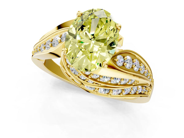 Yellow gold Fancy Yellow Oval Cut Diamond Solitaire Ring with Prong Setting and Twisted Pavé Band