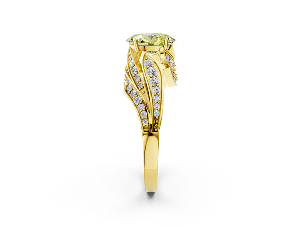 Yellow gold Fancy Yellow Oval Cut Diamond Solitaire Ring with Prong Setting and Twisted Pavé Band