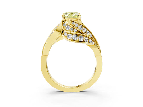 Yellow gold Fancy Yellow Oval Cut Diamond Solitaire Ring with Prong Setting and Twisted Pavé Band
