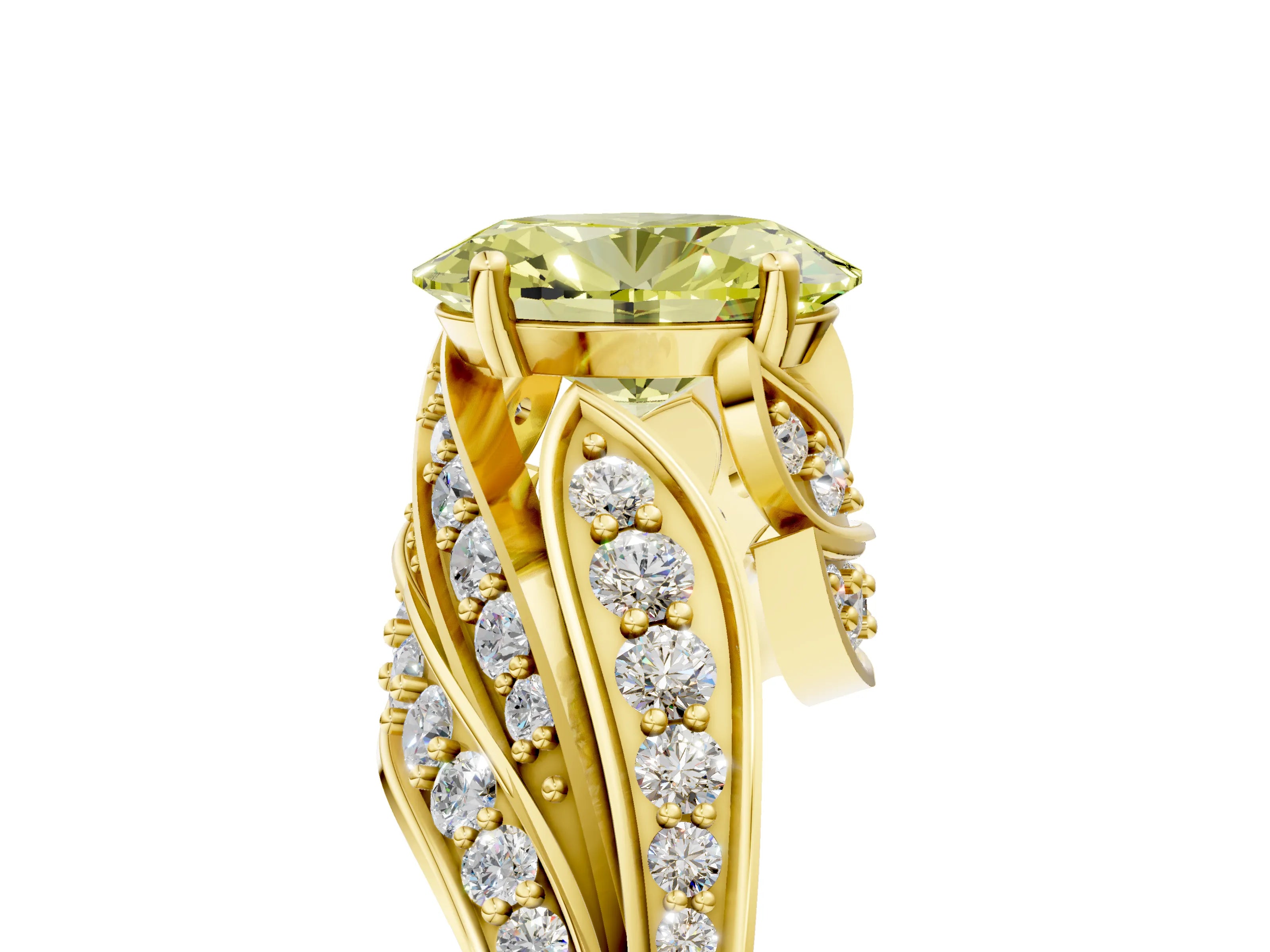 Yellow gold Fancy Yellow Oval Cut Diamond Solitaire Ring with Prong Setting and Twisted Pavé Band_5