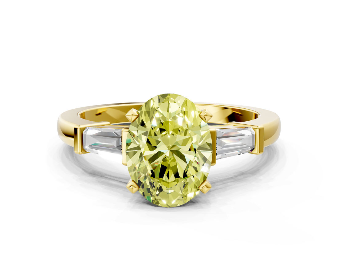 Yellow gold Fancy Yellow Oval  Cut Diamond Solitaire Ring with Tapered Baguette Accents and Four-Prong Setting_45