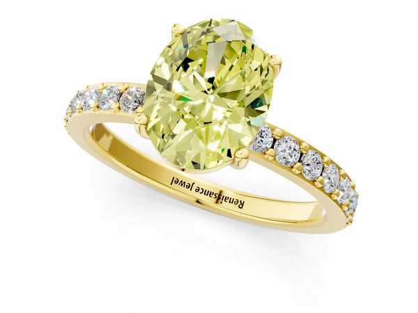 Yellow gold Fancy Yellow Oval  Cut Diamond Solitaire with Pave Band and Four-Prong Setting
