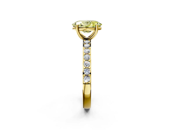 Yellow gold Fancy Yellow Oval  Cut Diamond Solitaire with Pave Band and Four-Prong Setting