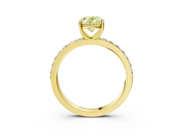 Yellow gold Fancy Yellow Oval  Cut Diamond Solitaire with Pave Band and Four-Prong Setting