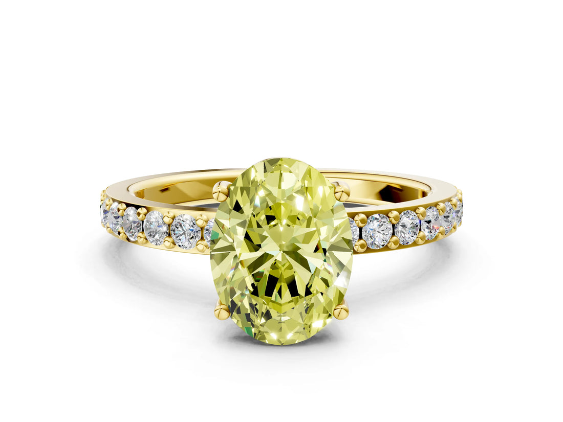 Yellow gold Fancy Yellow Oval  Cut Diamond Solitaire with Pave Band and Four-Prong Setting