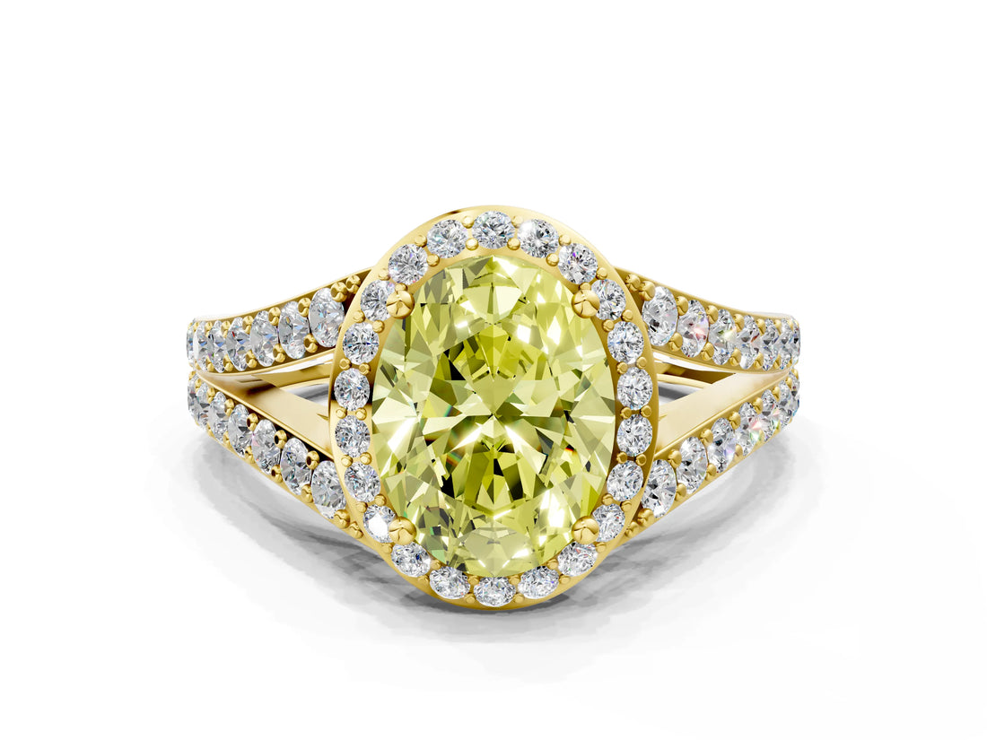 Yellow gold Fancy Yellow Oval Cut Diamond Split Shank Halo Ring with Four-Prong Setting_58
