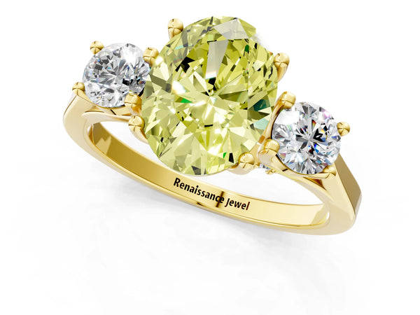 Yellow gold Fancy Yellow Oval Cut Diamond Three-Stone Engagement Ring with Prong Setting and Pavé Band