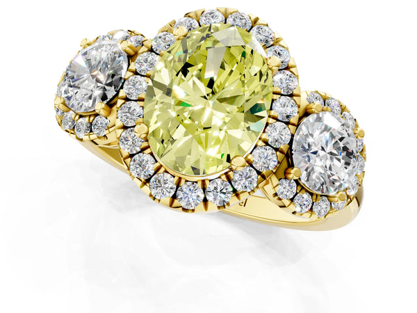 Yellow Gold Oval Three Stone Halo Engagement Ring Setting for Fancy Yellow Center