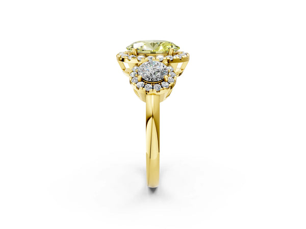 Yellow Gold Oval Three Stone Halo Engagement Ring Setting for Fancy Yellow Center