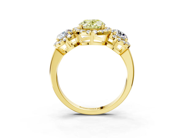 Yellow Gold Oval Three Stone Halo Engagement Ring Setting for Fancy Yellow Center