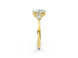 14K Yellow Gold 5.11 Carat Yellow VS1 Oval Diamond Three-Stone Ring with Pear Side Stones and Four-Prong Setting