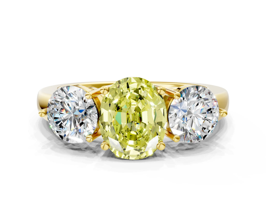 Yellow gold Fancy Yellow Oval Cut Diamond Three-Stone Ring with Prong Setting and Classic Band_102