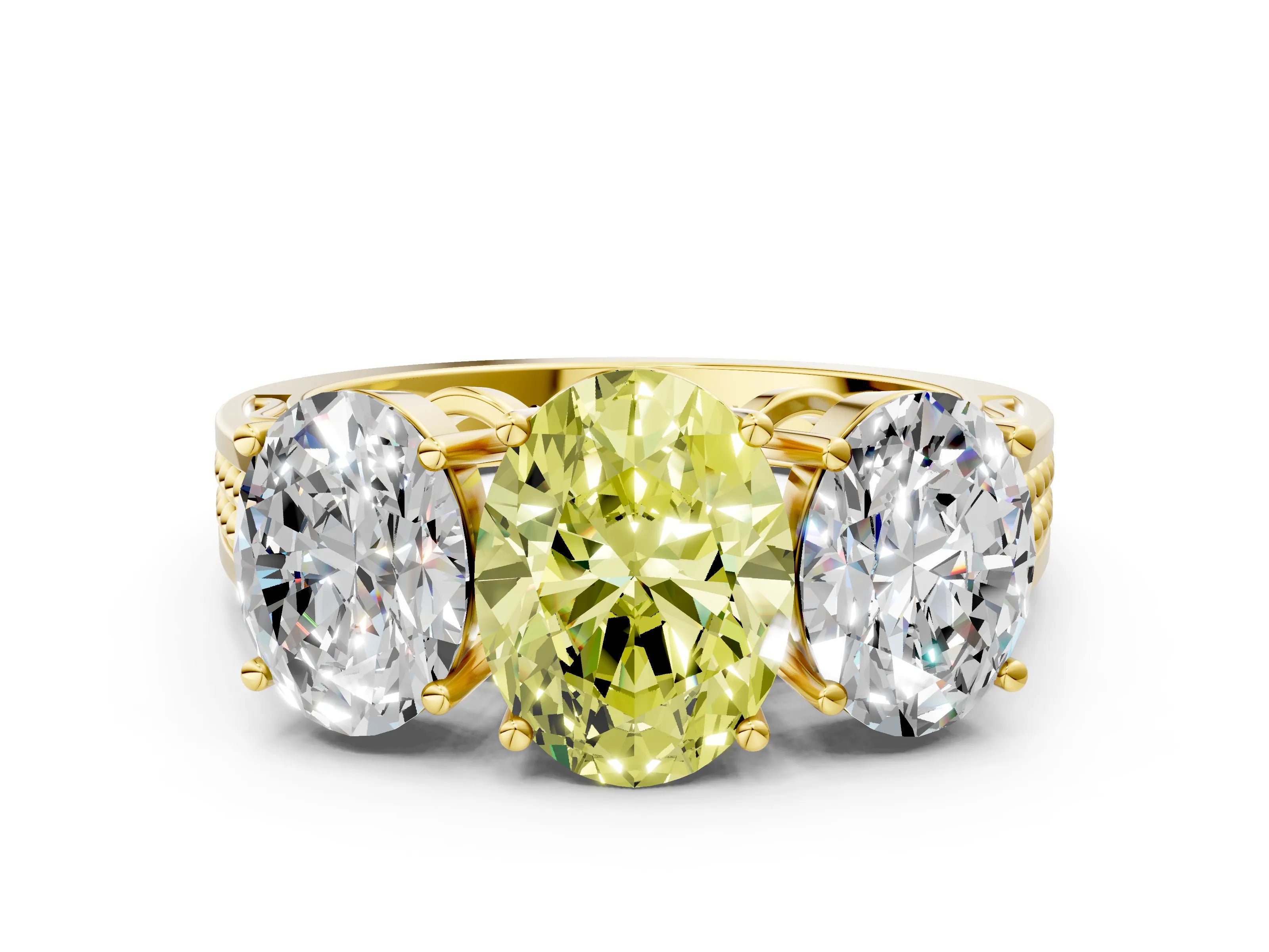 Yellow gold Fancy Yellow Oval Cut Diamond Three-Stone Ring with Prong Setting and Textured Band_12