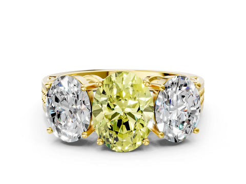 Yellow gold Fancy Yellow Oval Cut Diamond Three-Stone Ring with Prong Setting and Textured Band_12