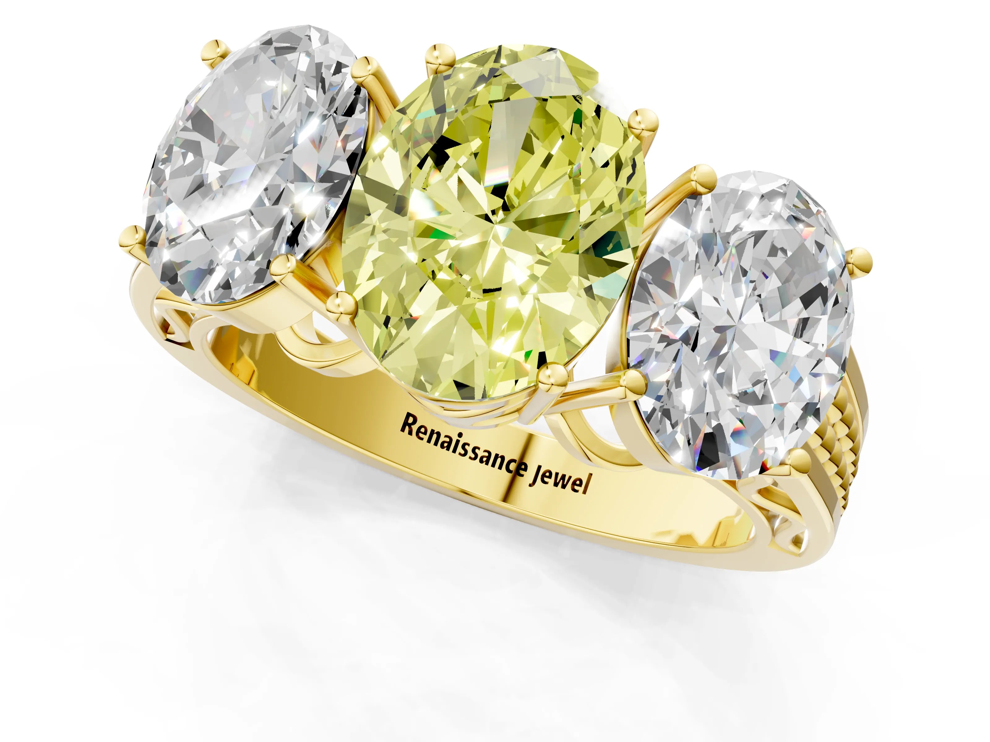 Yellow gold Fancy Yellow Oval Cut Diamond Three-Stone Ring with Prong Setting and Textured Band_13