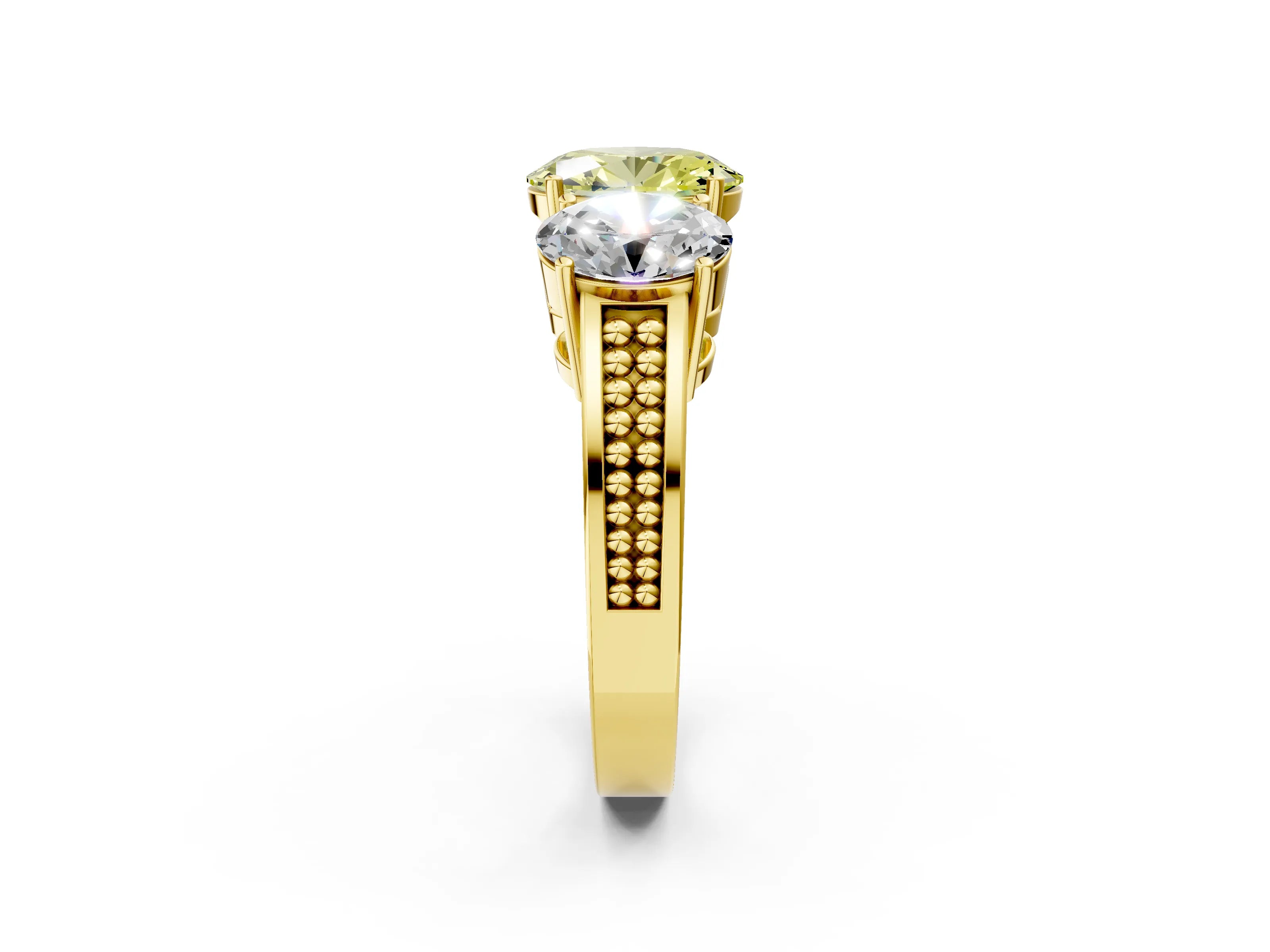 Yellow gold Fancy Yellow Oval Cut Diamond Three-Stone Ring with Prong Setting and Textured Band_14