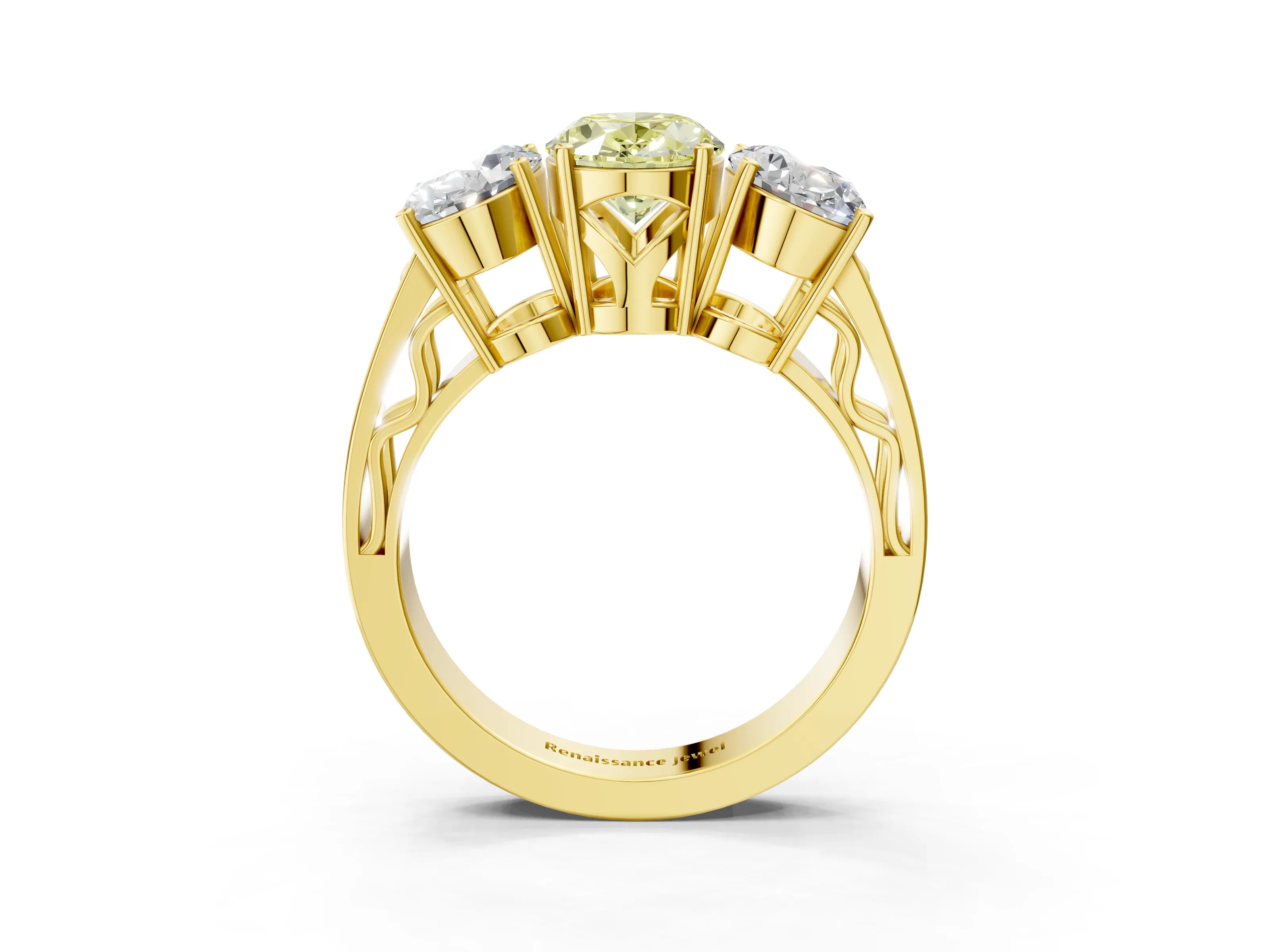 Yellow gold Fancy Yellow Oval Cut Diamond Three-Stone Ring with Prong Setting and Textured Band_15