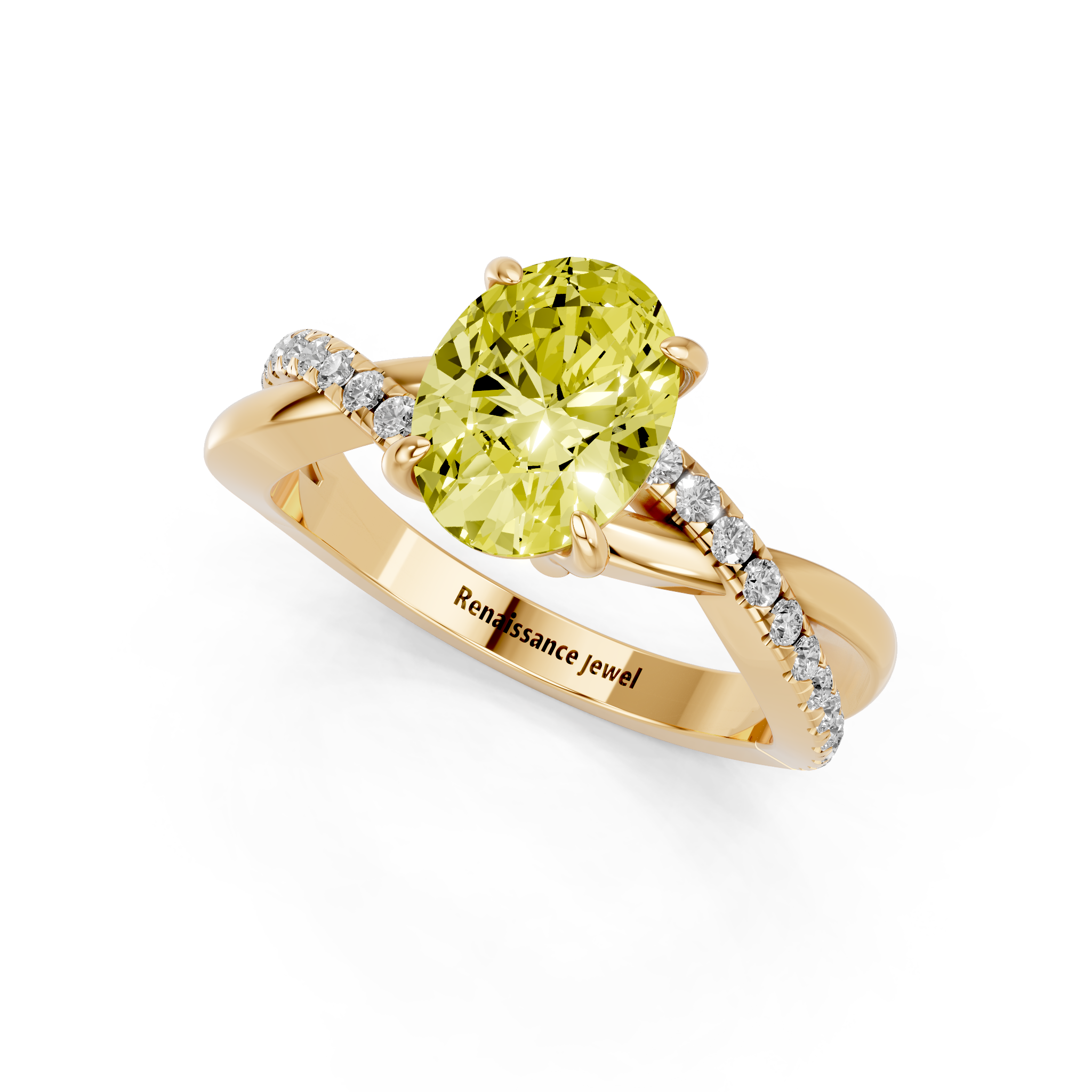 Yellow gold Fancy Yellow Oval  Cut Diamond Twist Band Solitaire with Prong Setting_3