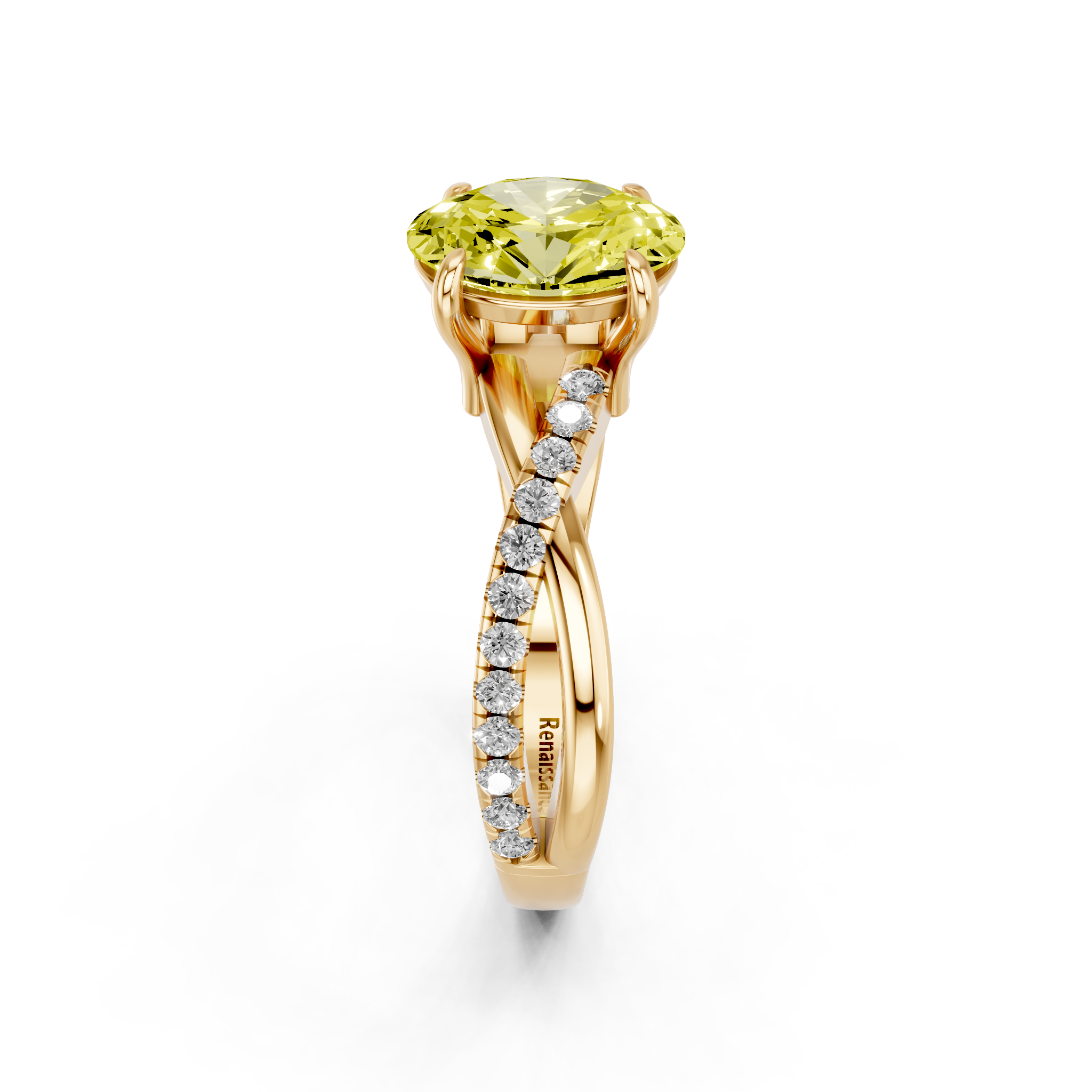 Yellow gold Fancy Yellow Oval  Cut Diamond Twist Band Solitaire with Prong Setting_4