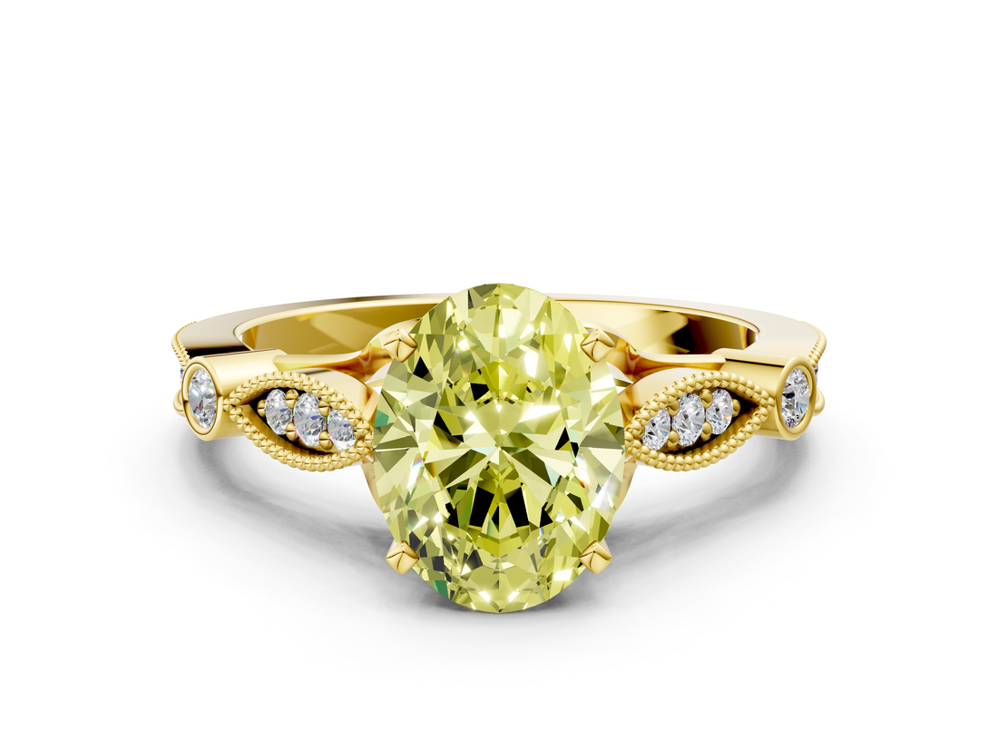 Yellow gold Fancy Yellow Oval  Cut Diamond with Milgrain Marquise and Bezel Accents on a Solitaire Band with Prong Setting_214