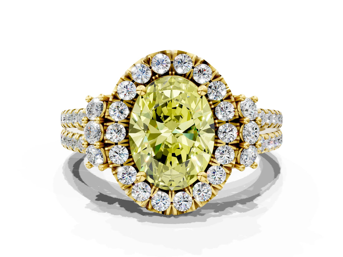 Yellow gold Fancy Yellow Oval  Cut Double Halo Diamond Engagement Ring with Pave Band and Four-Prong Setting_42