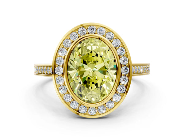 Yellow gold Fancy Yellow Oval Cut Halo Bezel Diamond Pave Band Ring