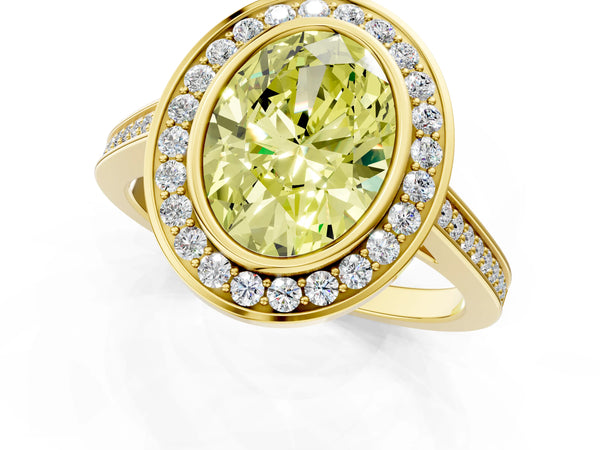 Yellow gold Fancy Yellow Oval Cut Halo Bezel Diamond Pave Band Ring