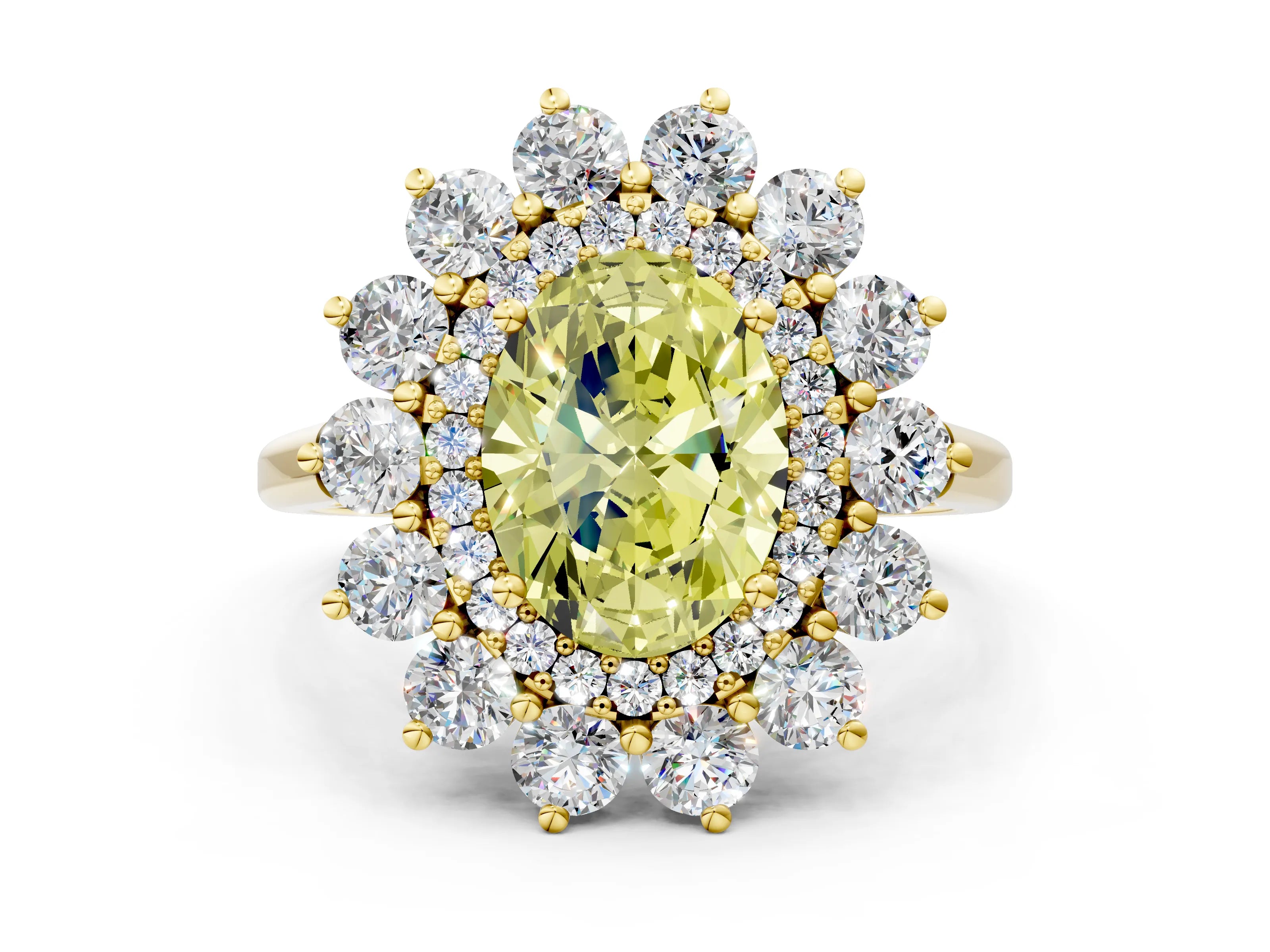 Yellow gold Fancy Yellow Oval Cut Halo Cluster Diamond Ring with Pave Band and Four-Prong Setting_12