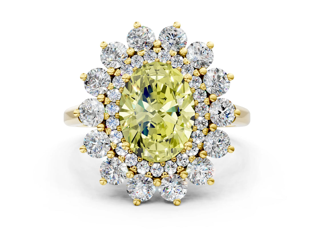 Yellow gold Fancy Yellow Oval Cut Halo Cluster Diamond Ring with Pave Band and Four-Prong Setting_12