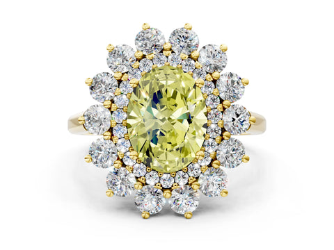 Yellow gold Fancy Yellow Oval Cut Halo Cluster Diamond Ring with Pave Band and Four-Prong Setting_12
