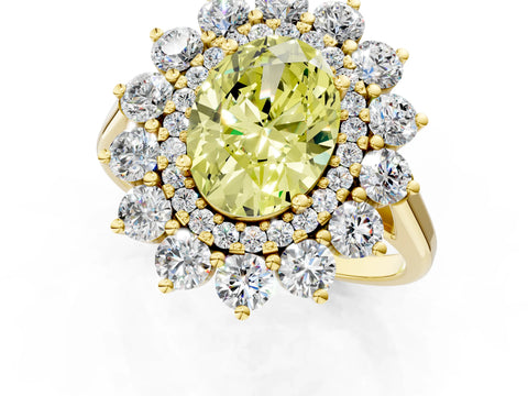 Yellow gold Fancy Yellow Oval Cut Halo Cluster Diamond Ring with Pave Band and Four-Prong Setting_13