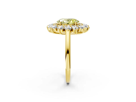 Yellow gold Fancy Yellow Oval Cut Halo Cluster Diamond Ring with Pave Band and Four-Prong Setting_14