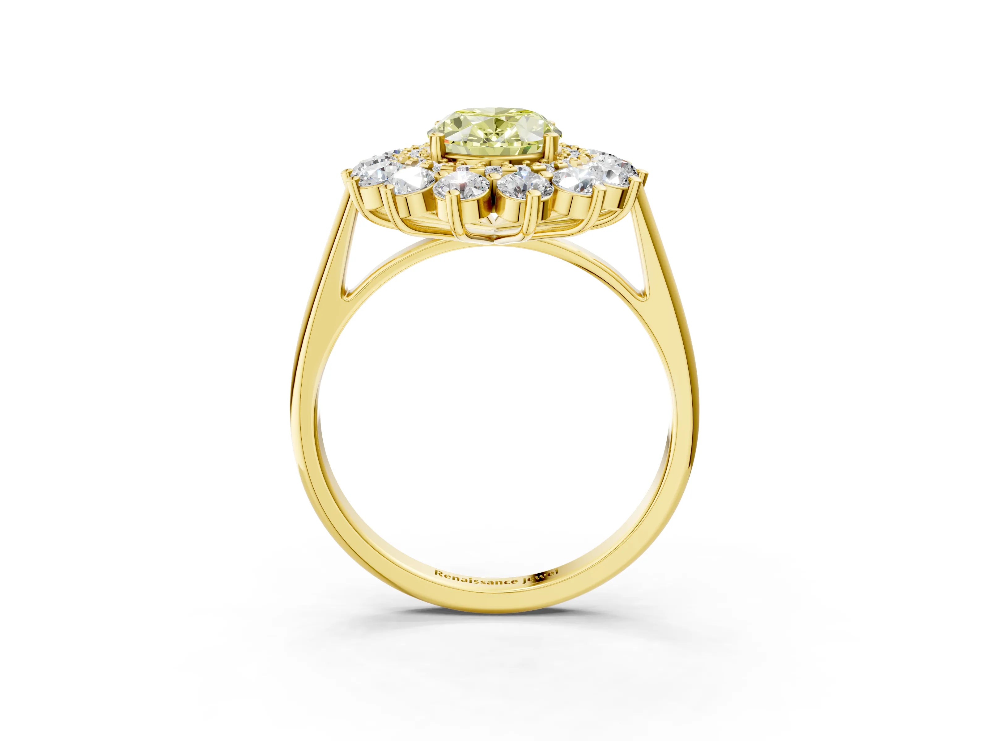 Yellow gold Fancy Yellow Oval Cut Halo Cluster Diamond Ring with Pave Band and Four-Prong Setting_15