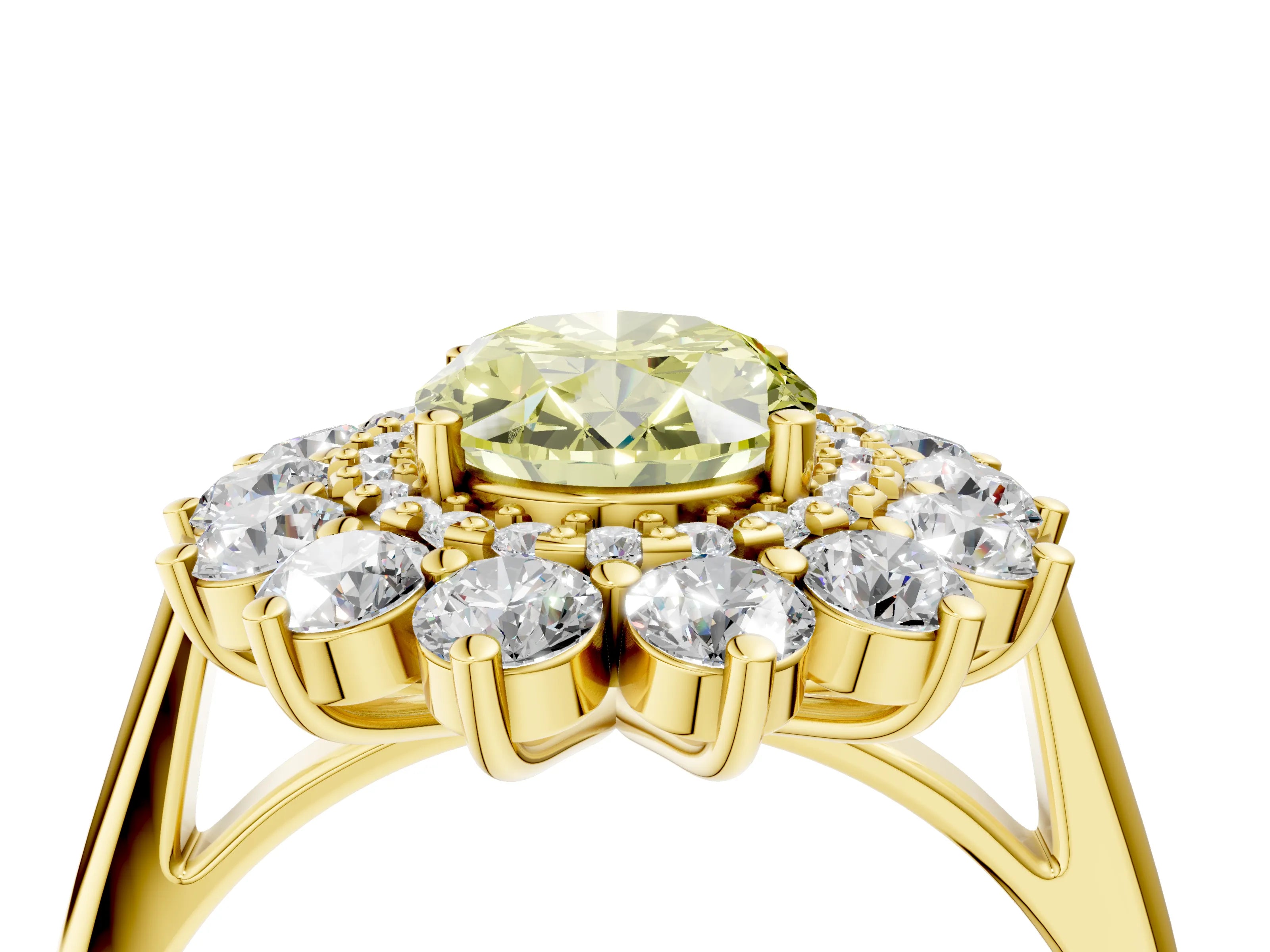 Yellow gold Fancy Yellow Oval Cut Halo Cluster Diamond Ring with Pave Band and Four-Prong Setting_16