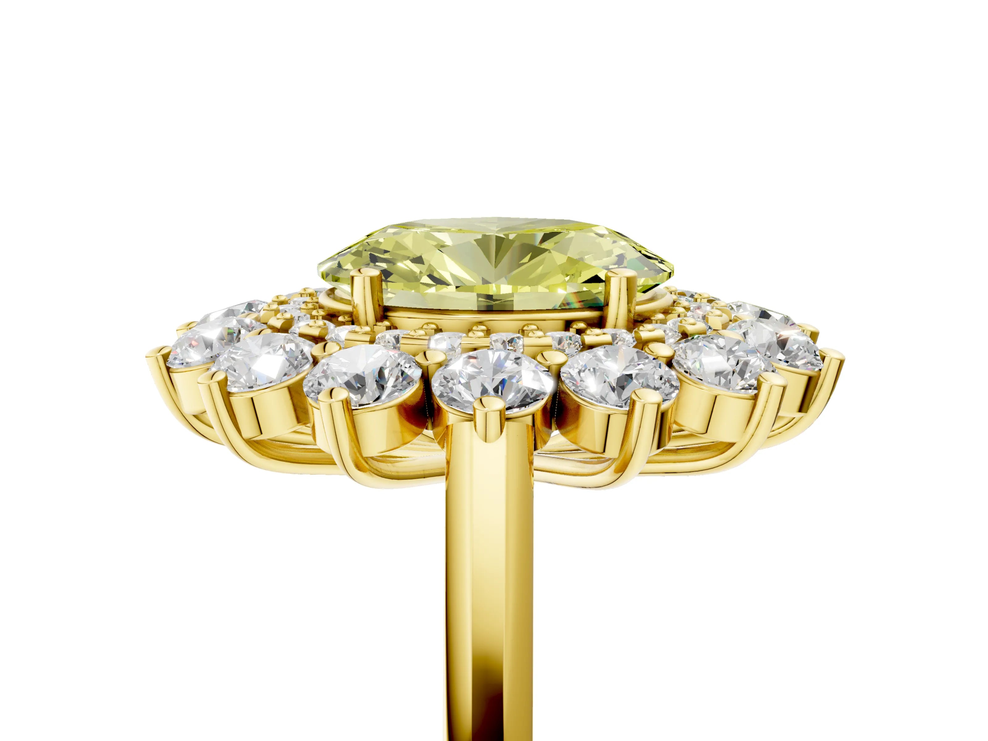 Yellow gold Fancy Yellow Oval Cut Halo Cluster Diamond Ring with Pave Band and Four-Prong Setting_17