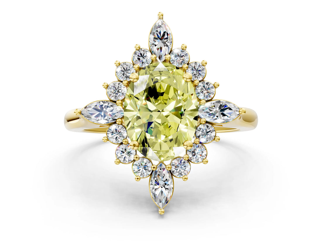 Yellow gold Fancy Yellow Oval Cut Halo Diamond Cluster Ring with Marquise and Round Stones on a White Gold Band with Prong Setting