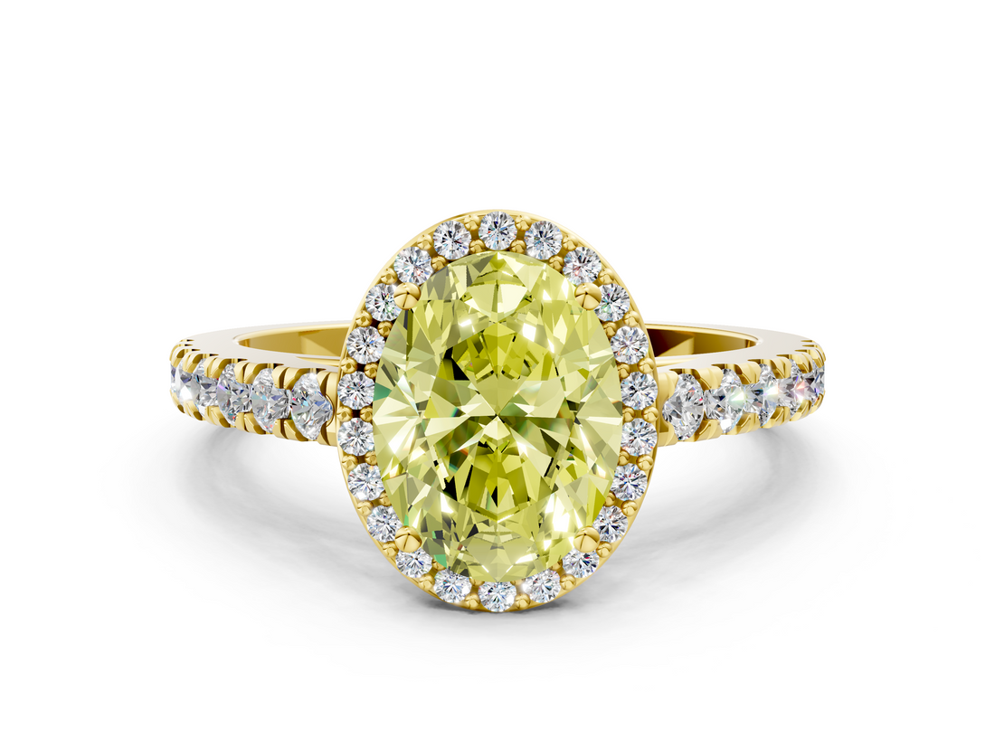 Yellow gold Fancy Yellow Oval  Cut Halo Diamond Engagement Ring with Pave Band and Four-Prong Setting_28