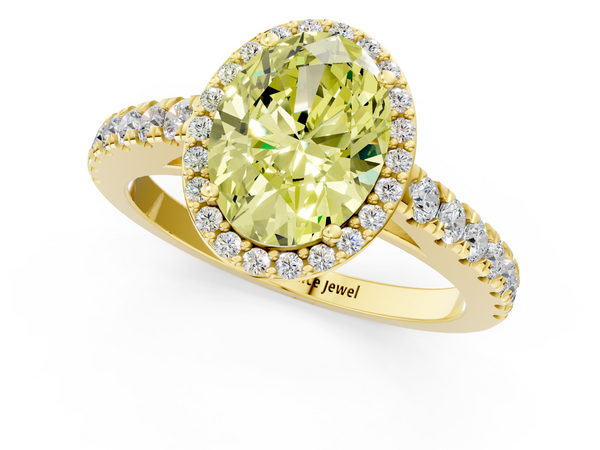 Yellow gold Fancy Yellow Oval  Cut Halo Diamond Engagement Ring with Pave Band and Four-Prong Setting
