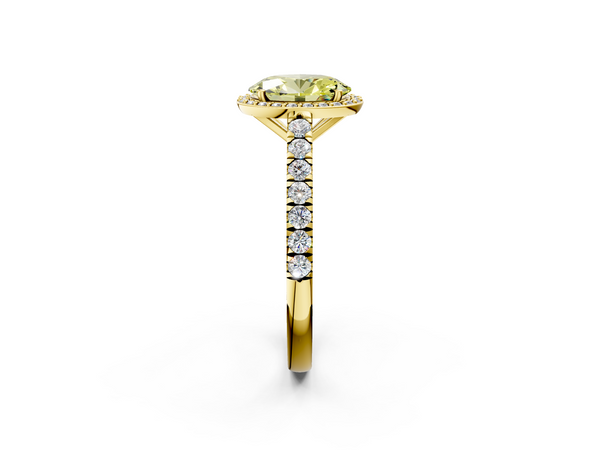 Yellow gold Fancy Yellow Oval  Cut Halo Diamond Engagement Ring with Pave Band and Four-Prong Setting