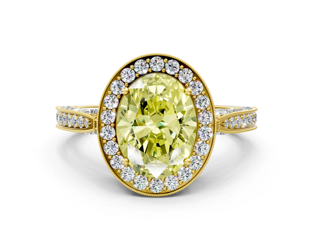 Yellow gold Fancy Yellow Oval Cut Halo Diamond Engagement Ring with Split Shank Band and Four-Prong Setting